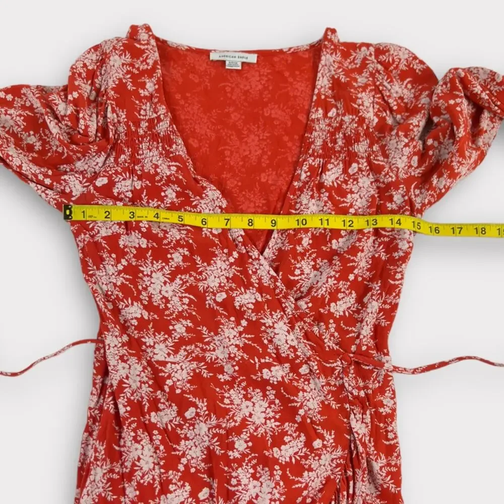 American Eagle Red Floral Ruffle Wrap Dress Size Small - Picture 4 of 6